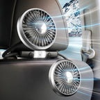 Car-mounted fan with mountain view through window
