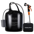 Camping shower system with black tank and orange-handled shower head on a white background