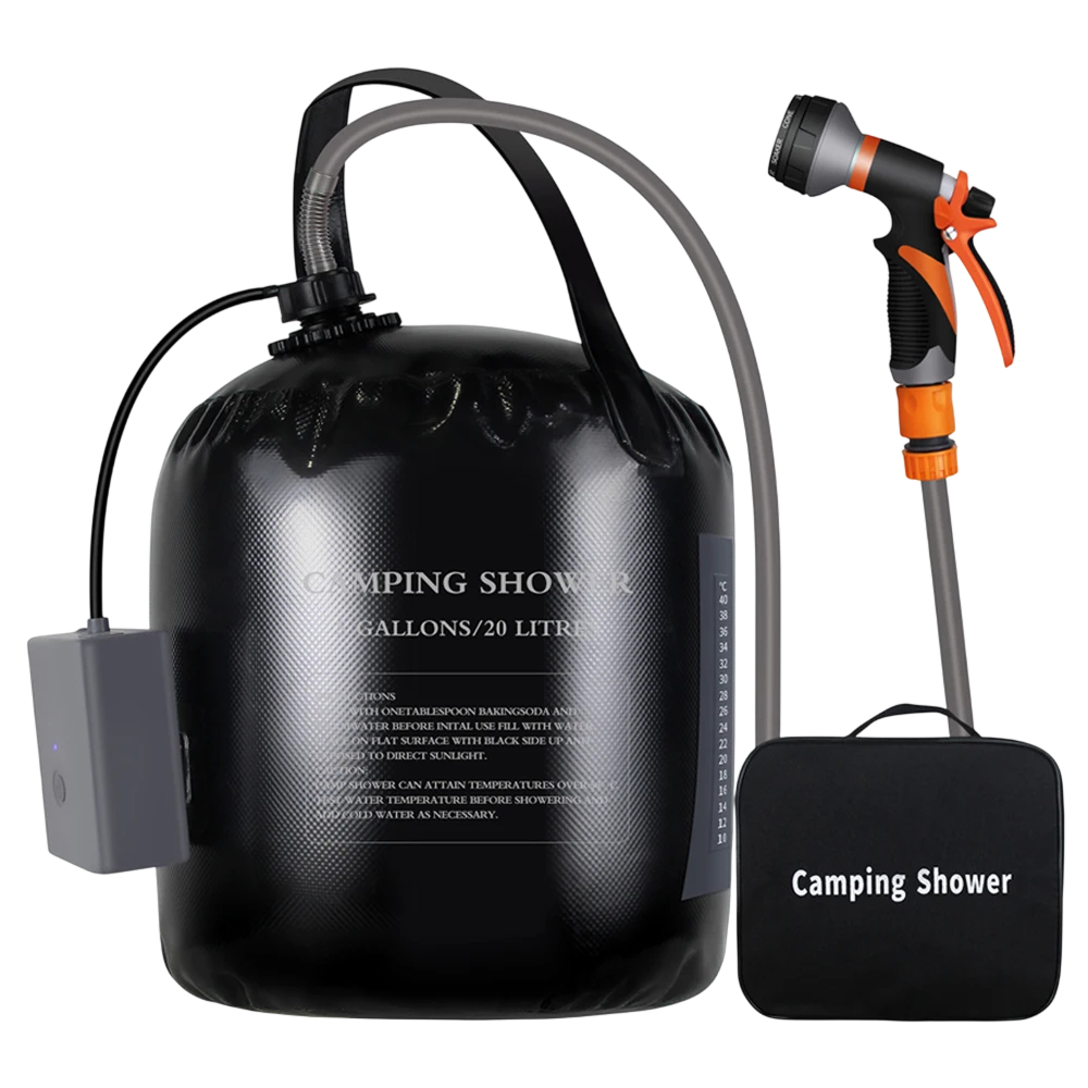 Camping shower system with black tank and orange-handled shower head on a white background