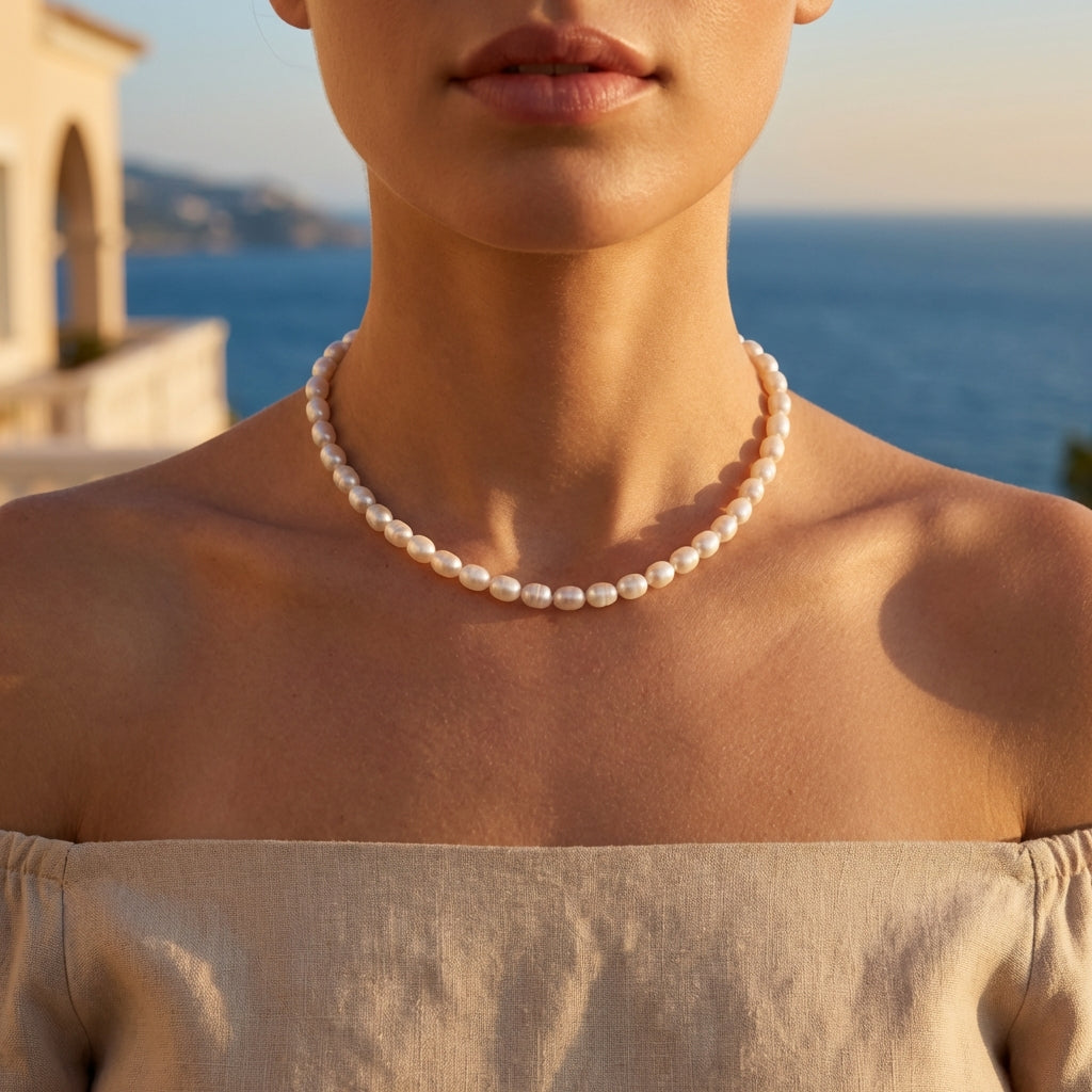 Woman wearing a pearl necklace with a scenic background