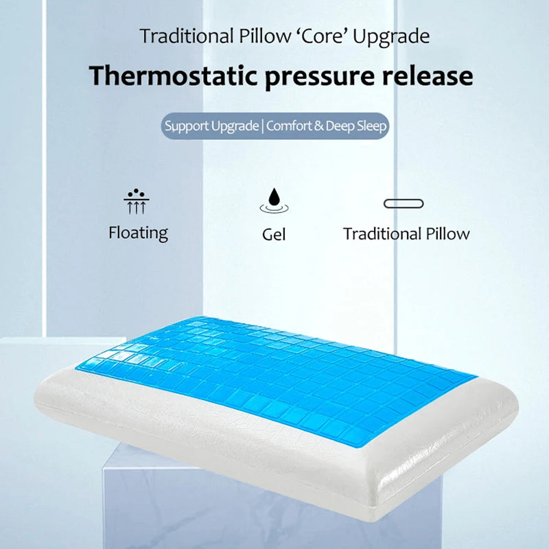 Blue gel pillow on a clear stand with text about thermostatic pressure release and support features.
