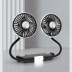 Portable dual-rotor fan on a gray surface with a light gray background