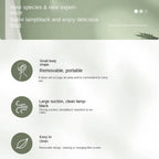 Product description screen with features of a small, portable lampblack device on a light green background.