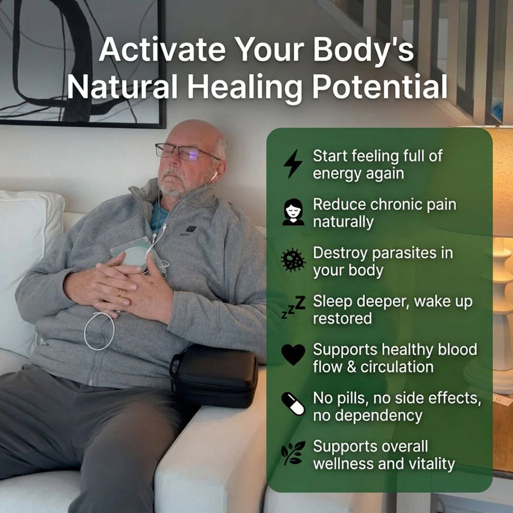 Man sitting on a couch with headphones, text about activating natural healing potential, and Calmity device.