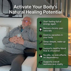 Man sitting on a couch with headphones, text about activating natural healing potential, and Calmity device.