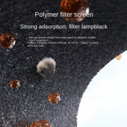 Polymer filter screen with吸附 grease, smoke, and water vapor on a dark background