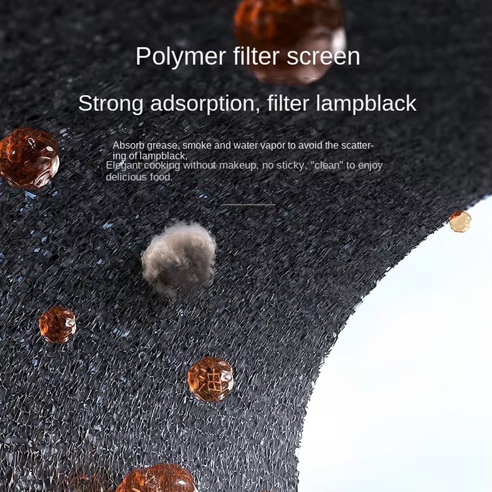 Polymer filter screen with吸附 grease, smoke, and water vapor on a dark background