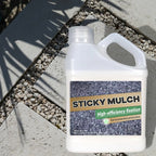 Container of 'Sticky Mulch' on a concrete surface with gravel.