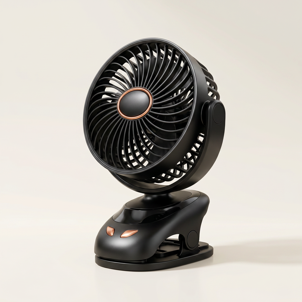 Black clip-on fan on a light beige background
