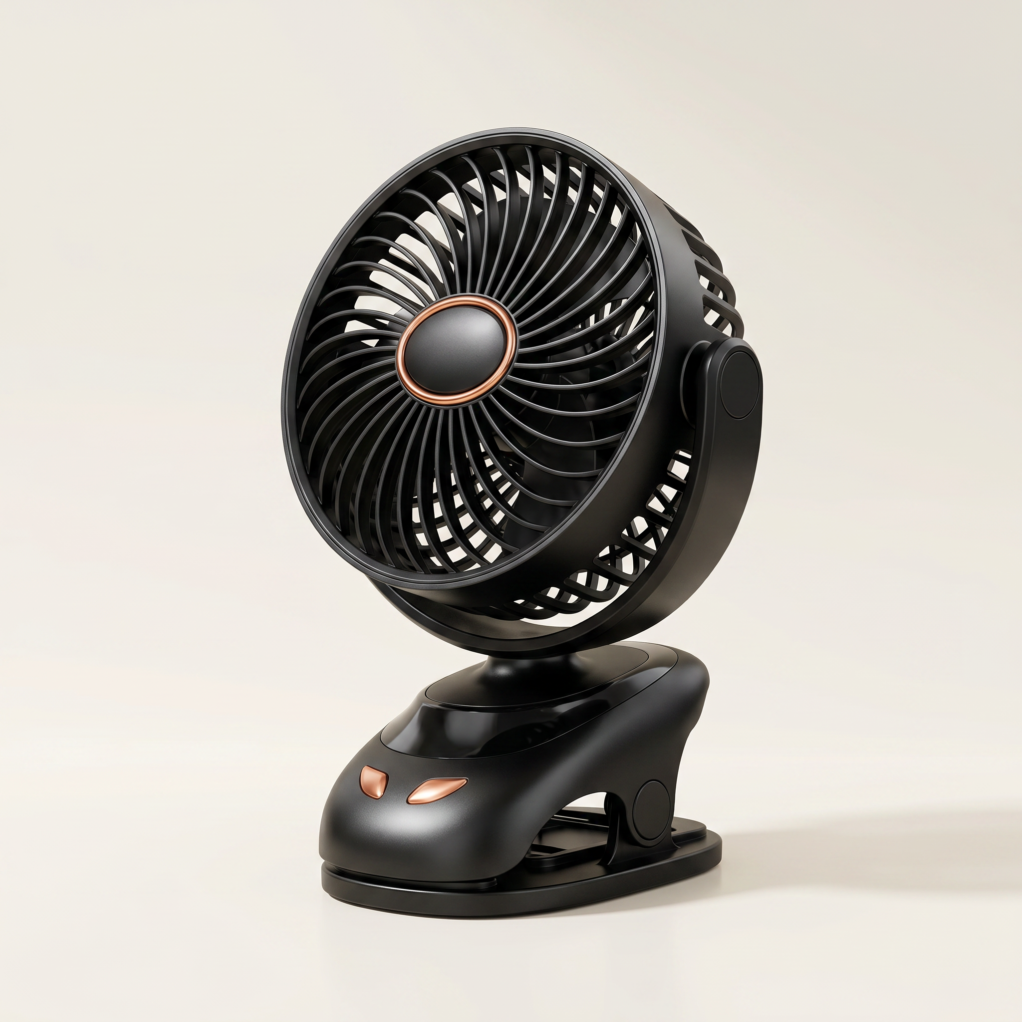 Black clip-on fan on a light beige background