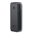 Black rectangular electronic device on a white background