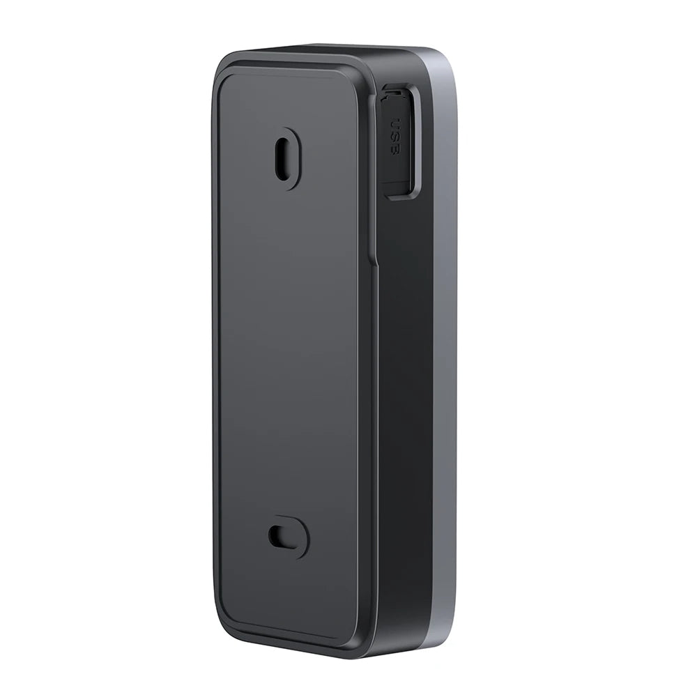 Black rectangular electronic device on a white background