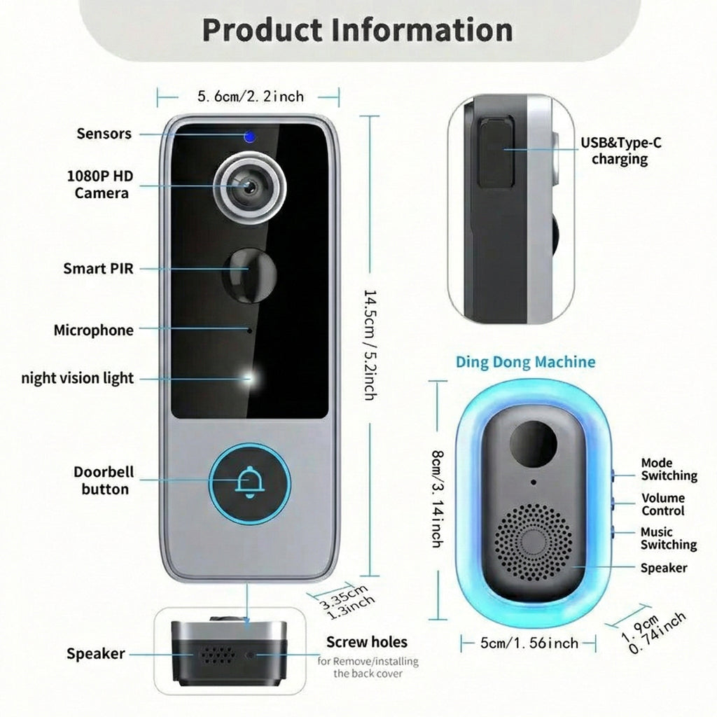 Smart doorbell with detailed product information and dimensions on a white background