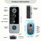 Smart doorbell with detailed product information and dimensions on a white background