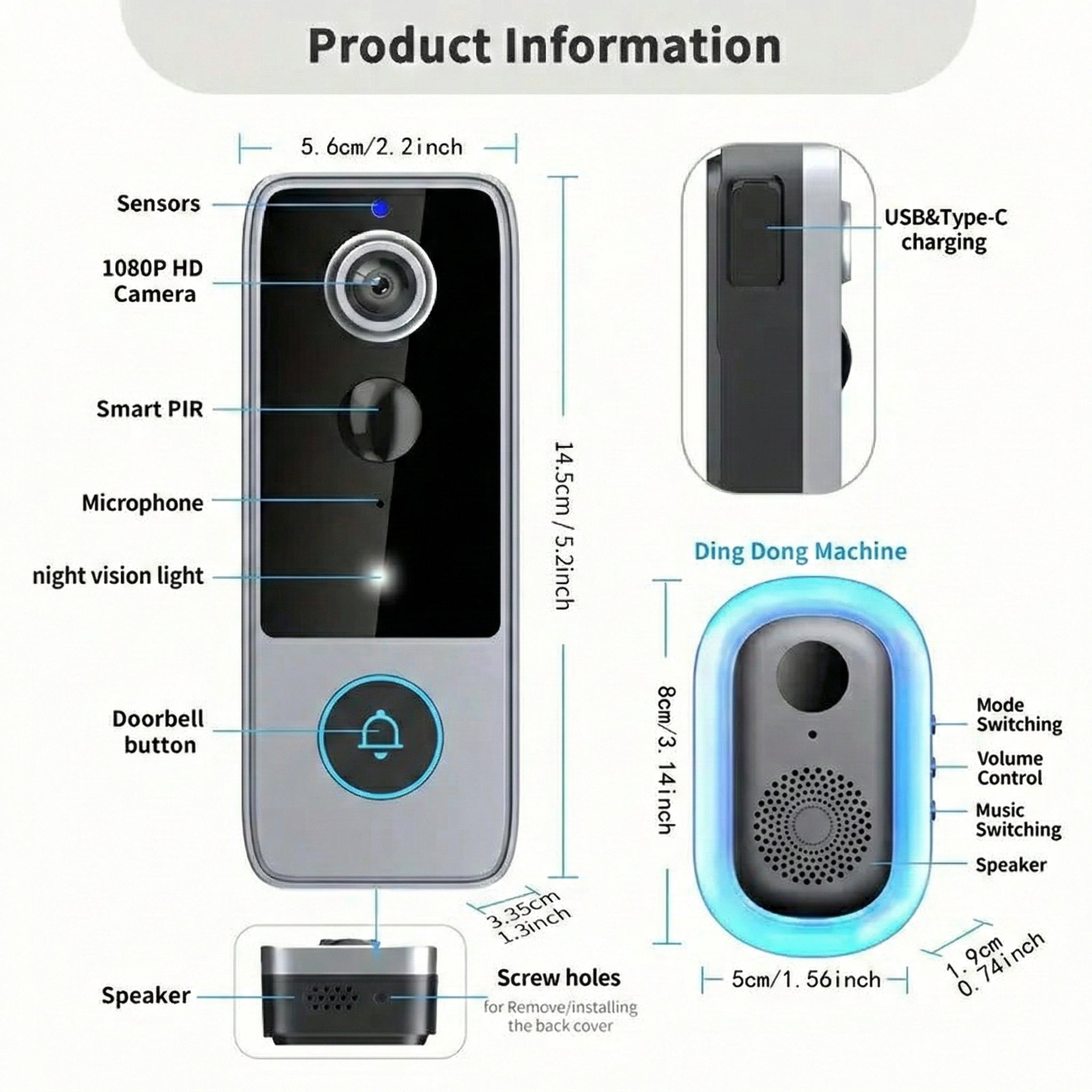 Smart doorbell with detailed product information and dimensions on a white background