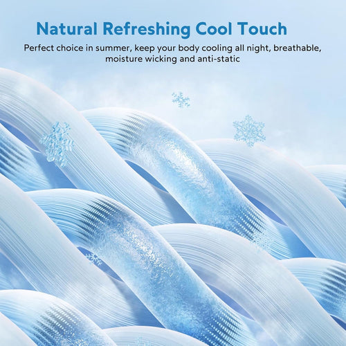 Text about natural refreshing cool touch fabric with blue wavy lines and snowflake graphics on a light blue background.