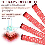 Red light therapy device with text detailing features and benefits on a white background