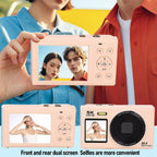 Digital camera with dual screen displaying a person taking a selfie, with two people in the background.