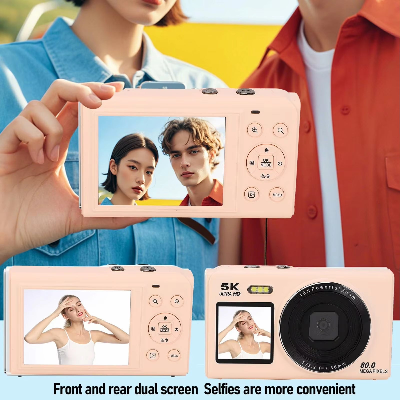 Digital camera with dual screen displaying a person taking a selfie, with two people in the background.