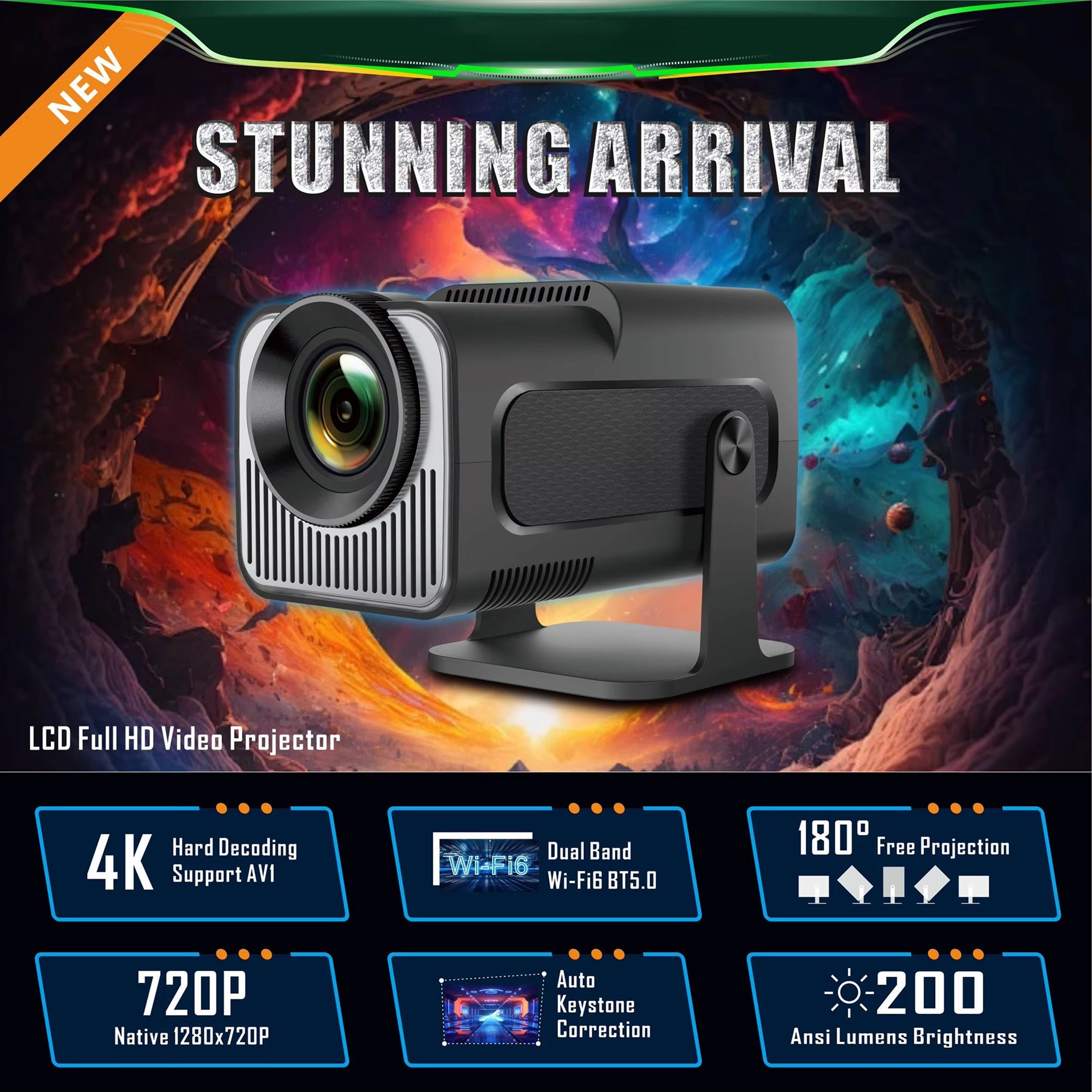 LCD Full HD Video Projector with space-themed background