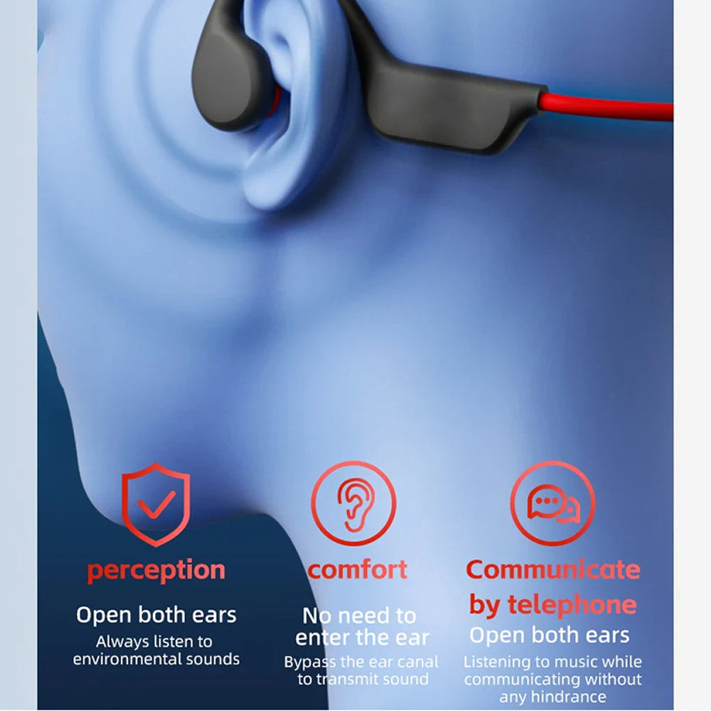 Earbud with ear illustration and features listed on a blue background
