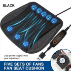 Black fan seat cushion with five sets of fans and USB power supply on a white background.