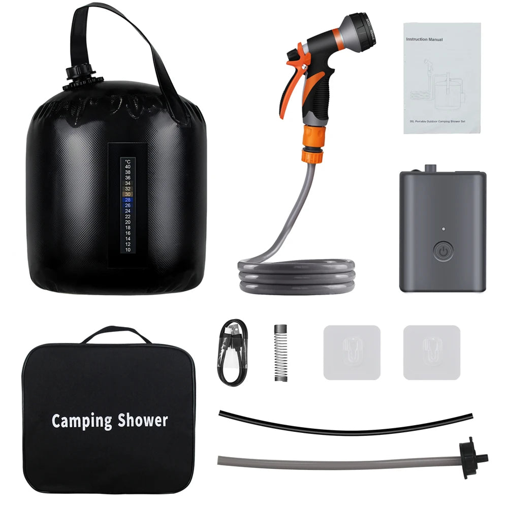 Camping shower kit with tank, nozzle, power bank, and accessories on a white background