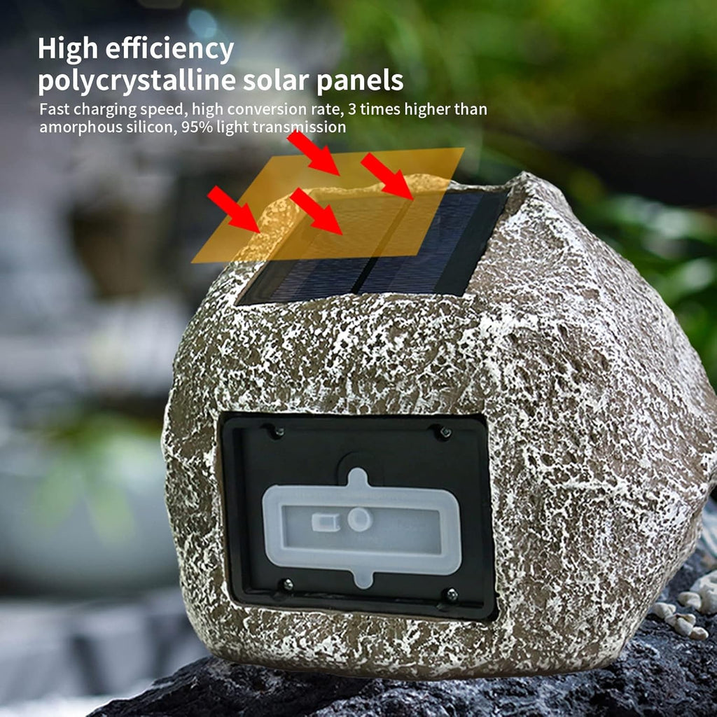 Decorative stone with a solar panel on top, featuring text about high-efficiency polycrystalline solar panels.