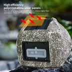 Decorative stone with a solar panel on top, featuring text about high-efficiency polycrystalline solar panels.