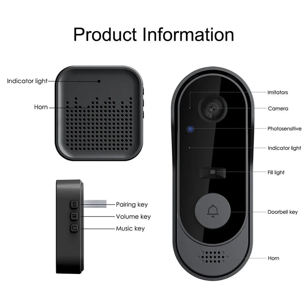 Black doorbell components with labeled parts on a white background