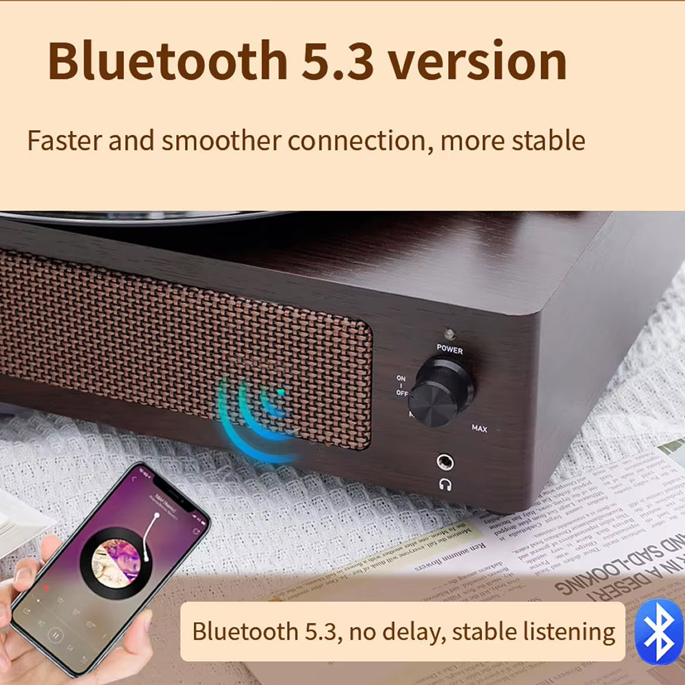 Bluetooth speaker with smartphone showing music app, text about Bluetooth 5.3 version