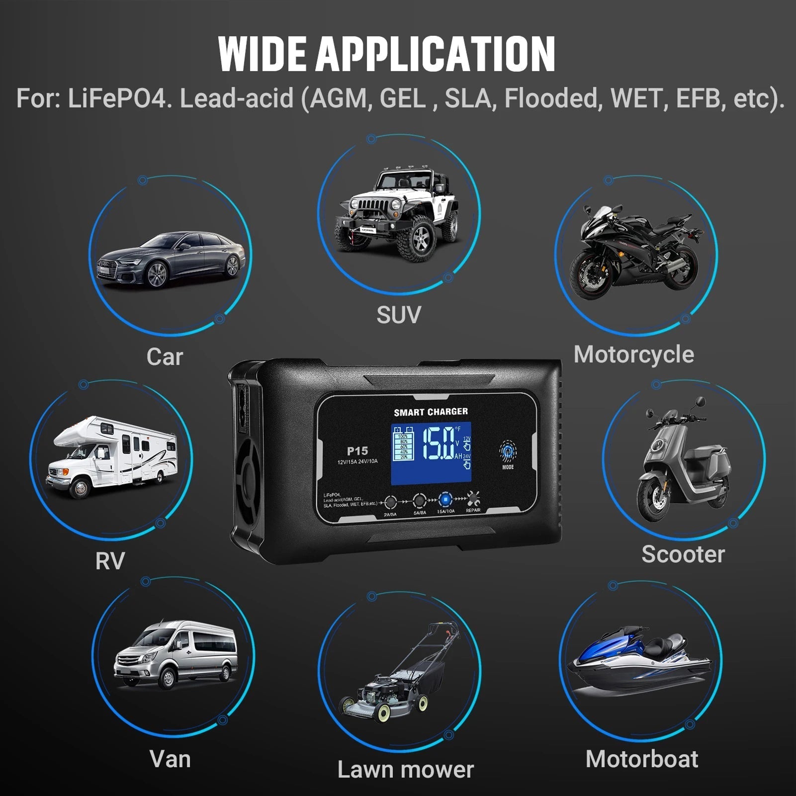 Smart charger with applications for various vehicles on a dark background
