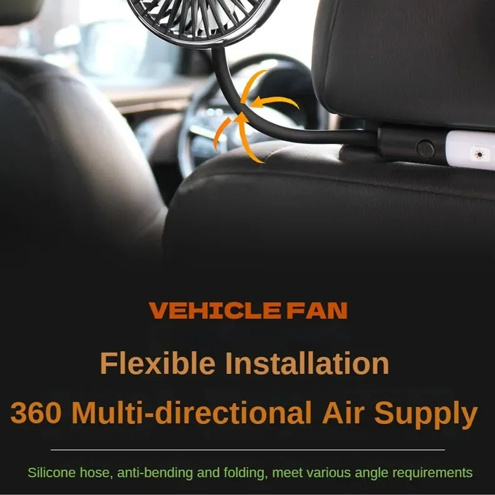 Car fan mounted on a car's headrest with text highlighting features.