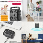 Ultrasonic stop bark device with images of dogs, people, and a laptop.