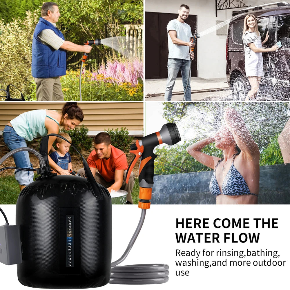 Collage of people using a water pump for various outdoor activities with text 'HERE COME THE WATER FLOW'.