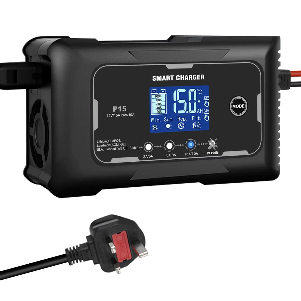 Smart charger with digital display and power cord on a white background