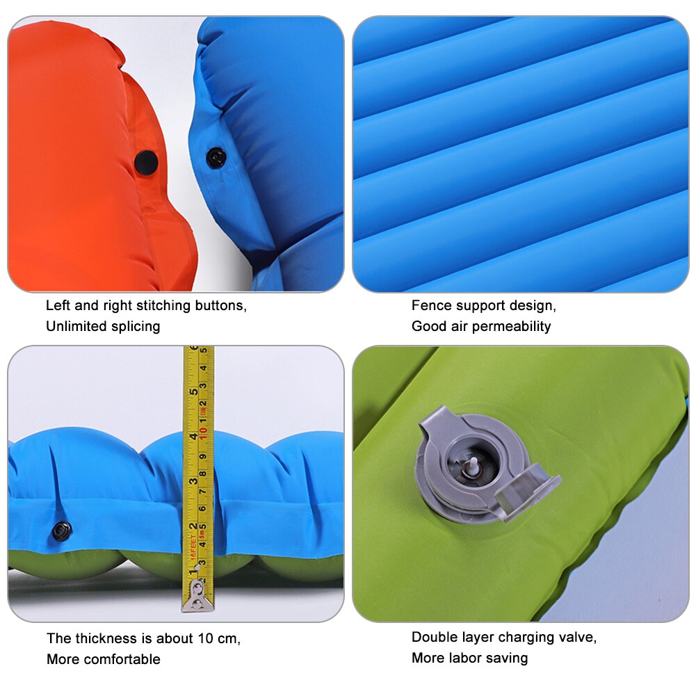 Collage of inflatable mattress features with text descriptions on a white background