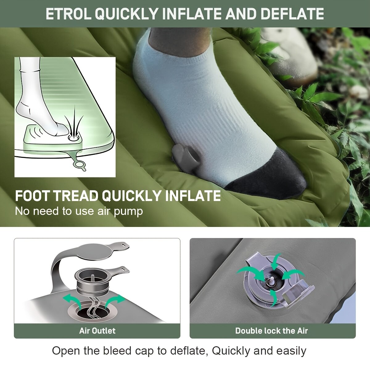 Inflatable foot pad with foot tread feature, showing how to inflate and deflate without an air pump.