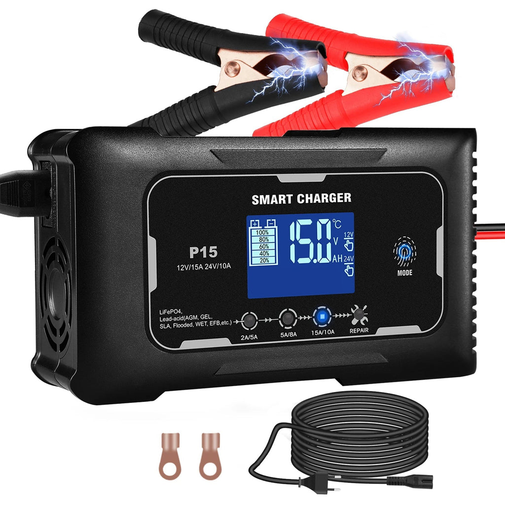 Smart battery charger with cables and connectors on a white background