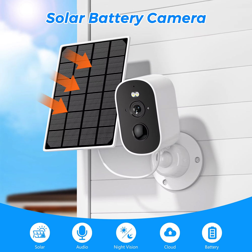 Solar battery camera on a wall with solar panel and features listed below.