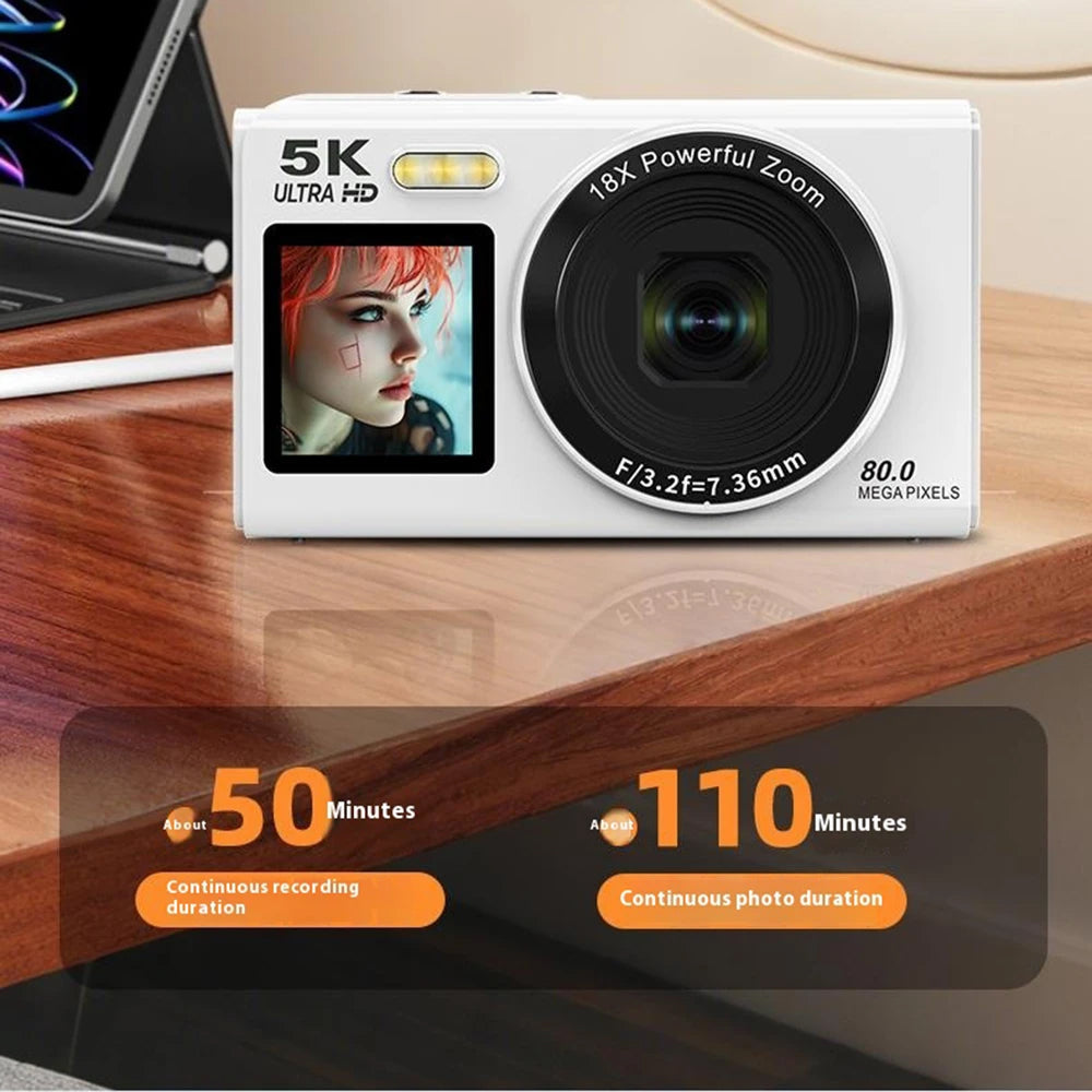 Digital camera with display showing a woman's face on a wooden surface