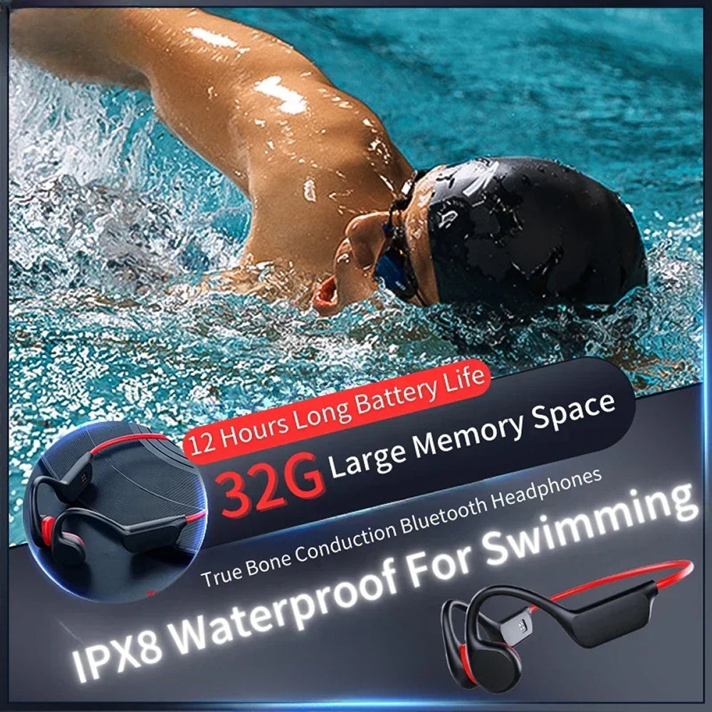 Person swimming with waterproof Bluetooth headphones displaying features like 12 hours battery life and 32G memory space.