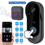 Smart doorbell system with waterproof feature, smartphone app, and various features displayed.