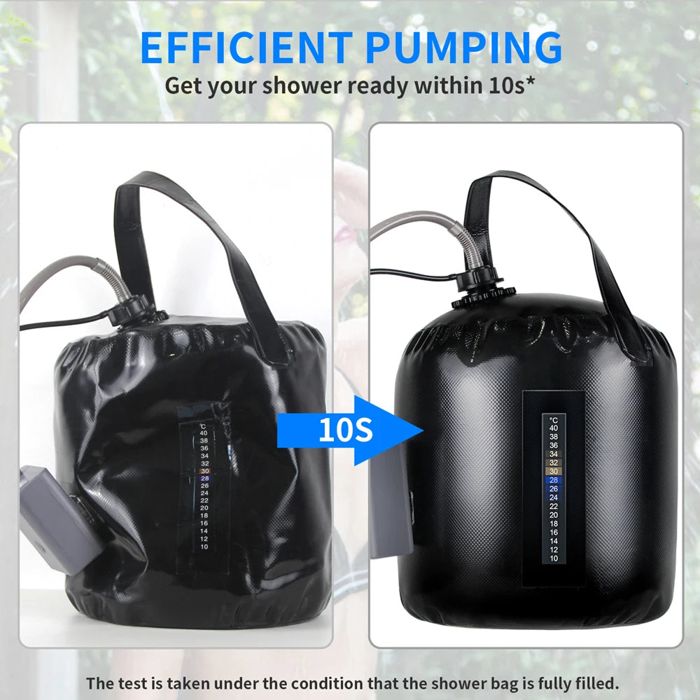 Black shower bag with pump showing efficient pumping in 10 seconds on a blurred background.