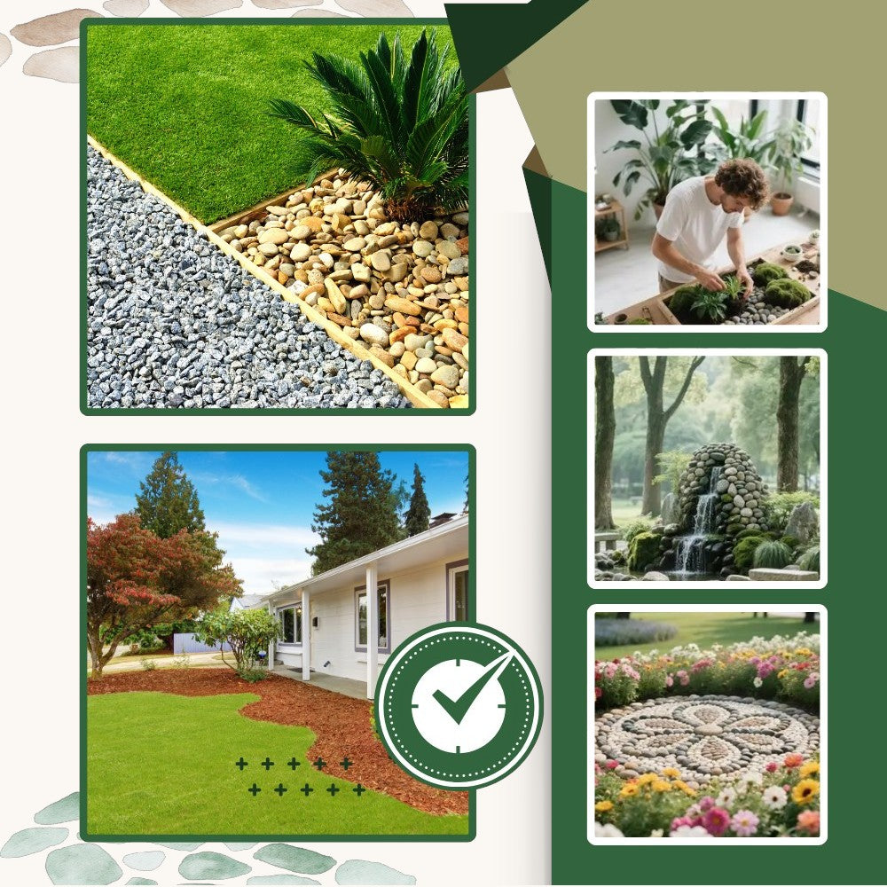 Collage of gardening and landscaping images with a green check mark.