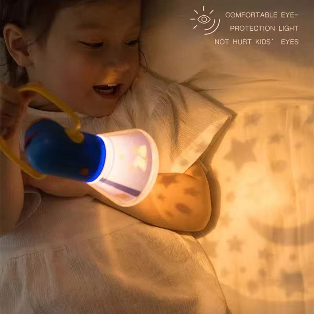 Child holding a night light with text about eye protection