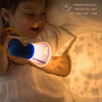 Child holding a night light with text about eye protection
