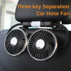 Car hose fan attached to a car's interior with text 'Three-key Separation Car Hose Fan'.