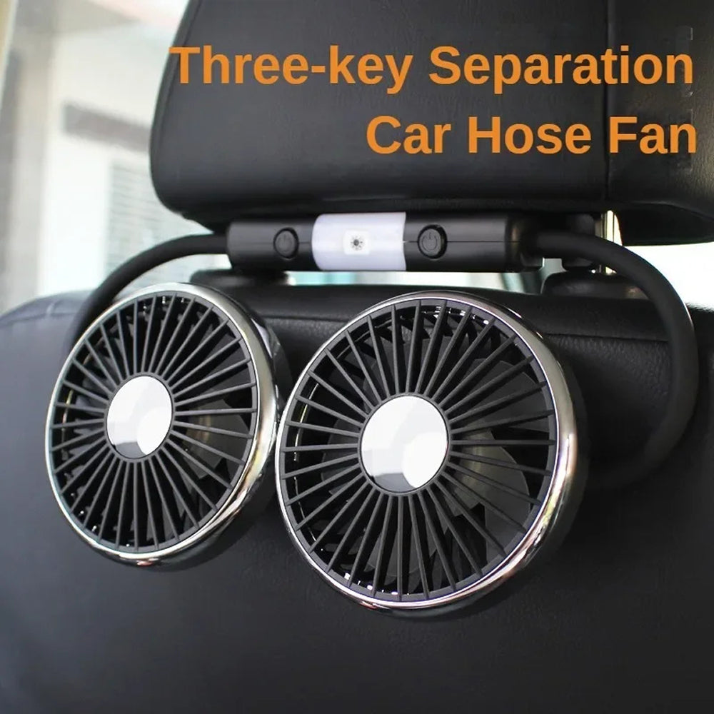 Car hose fan attached to a car's interior with text 'Three-key Separation Car Hose Fan'.