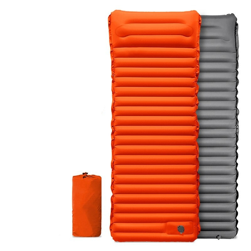 Orange and gray inflatable sleeping pad with a smaller orange sleeping pad on a white background